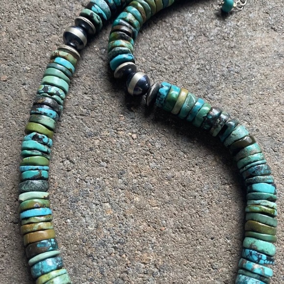 Sterling Silver Turquoise Heishi Bead Necklace. - Picture 8 of 12